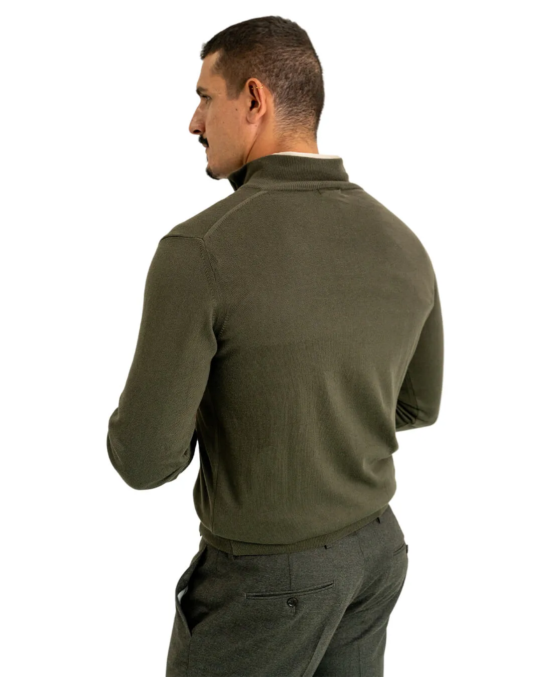 Olive Cotton Cashmere Zip Neck Jumper