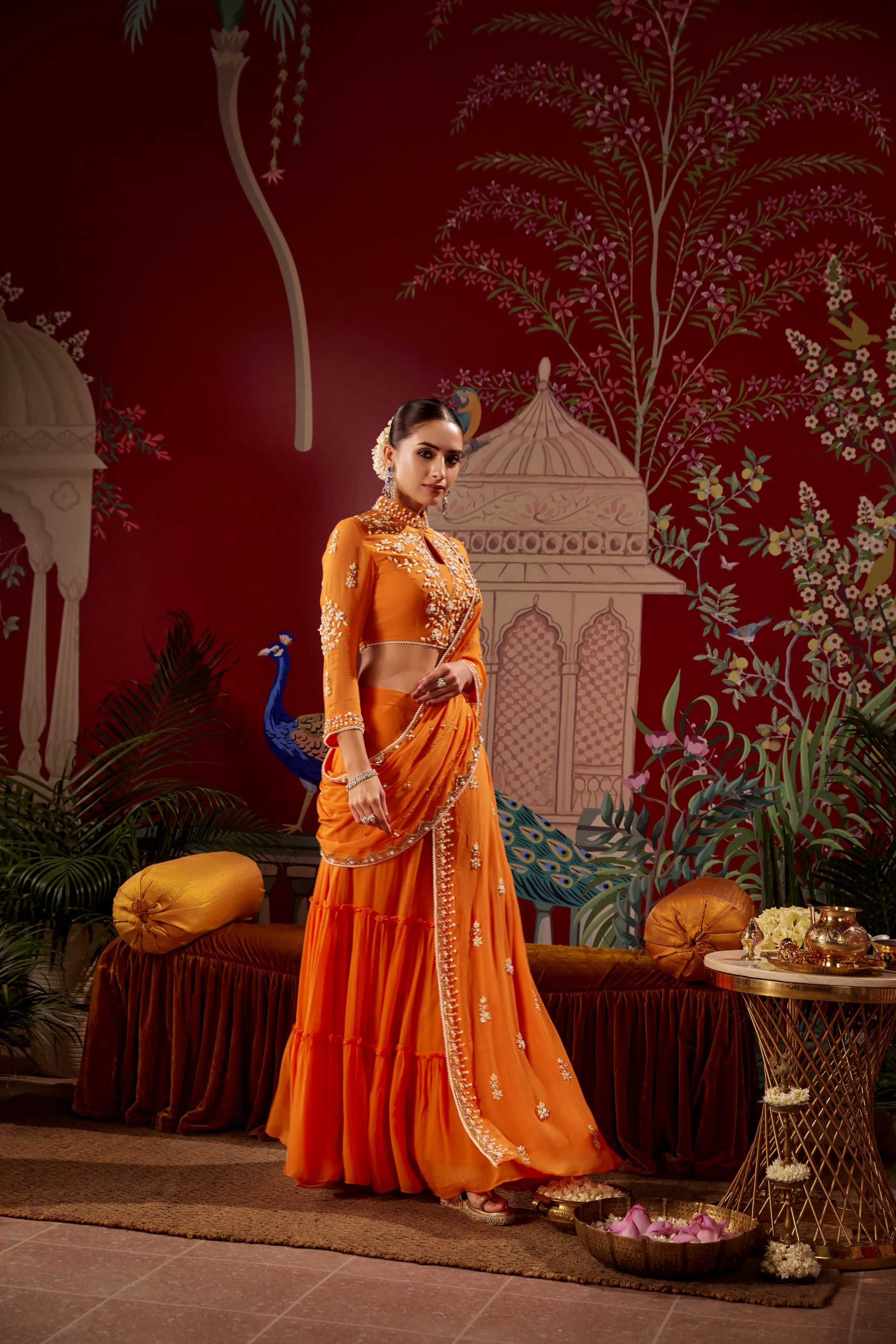 Orange Embellished Crystal Georgette Skirt With Drape