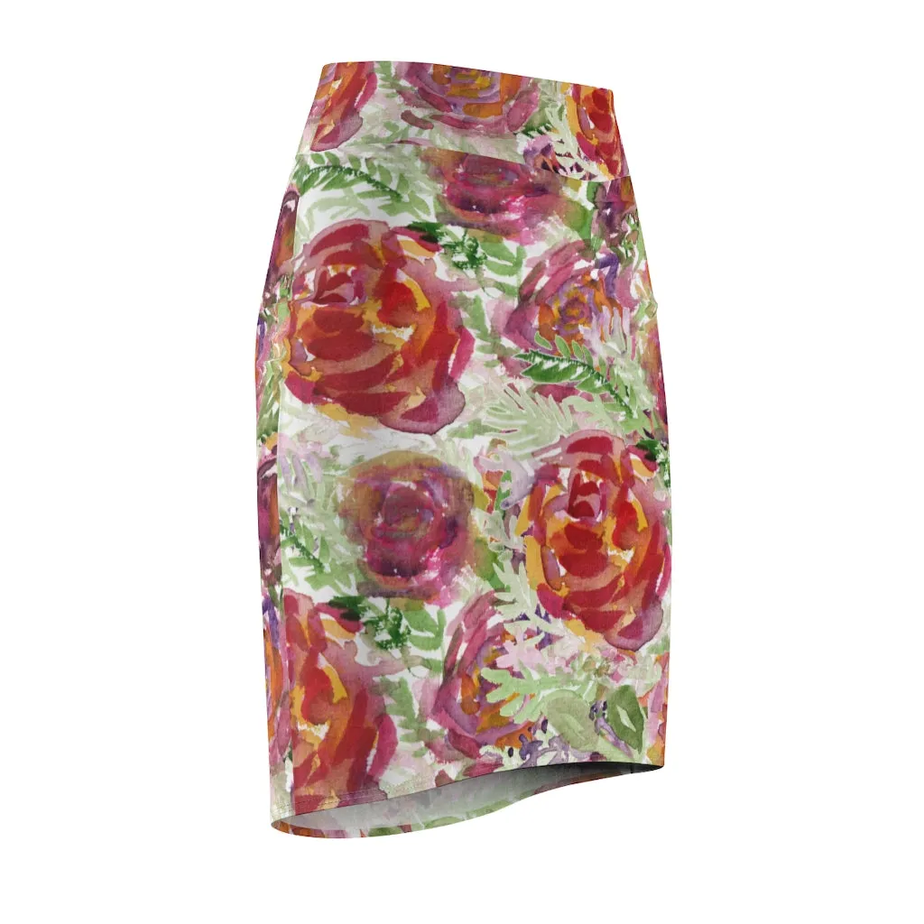 Orange Rose Women's Pencil Skirt, Floral Printed Patterned Designer Skirt For Ladies-Made in USA