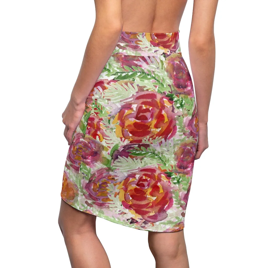 Orange Rose Women's Pencil Skirt, Floral Printed Patterned Designer Skirt For Ladies-Made in USA