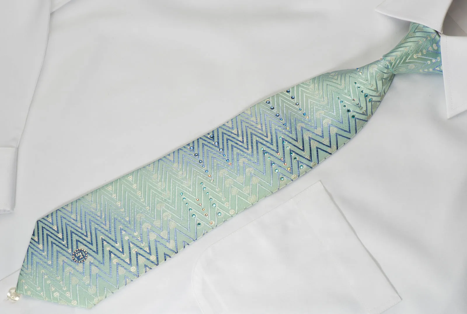 Paco Rabanne Silk Rhinestone Necktie Zigzags On Blue With Silver Sparkles