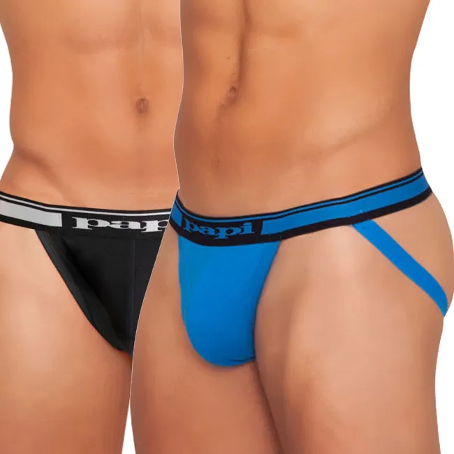 Papi [2 pack] Cotton Stretch Essentials Jock Strap Underwear Black & Blue 980910 Size L