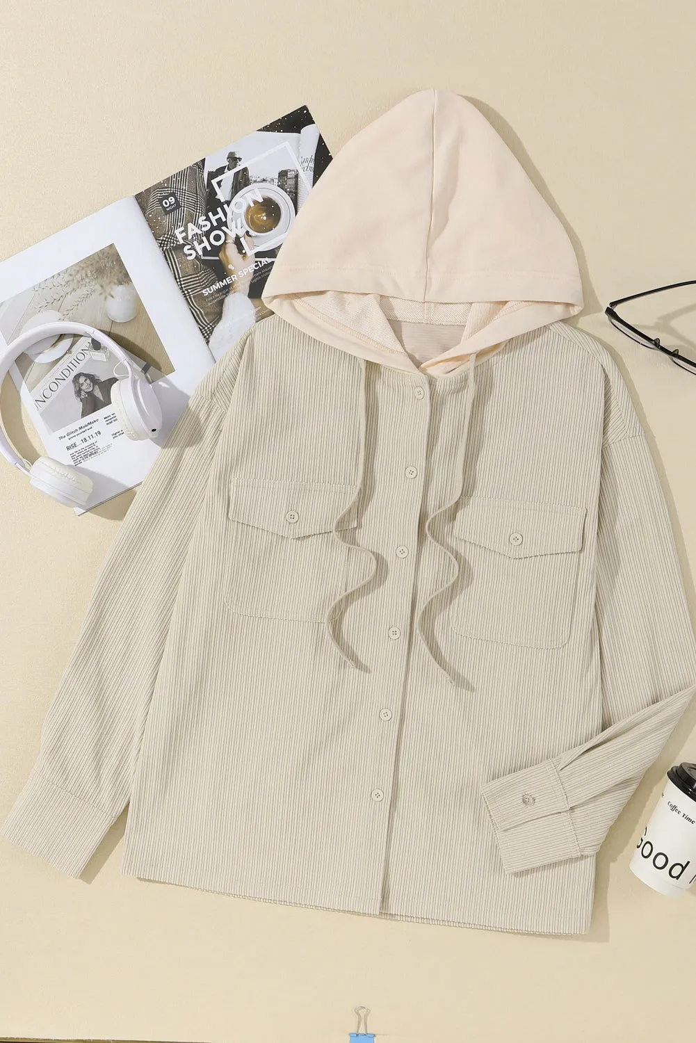 Parchment Drawstring Hooded Corduroy Shacket