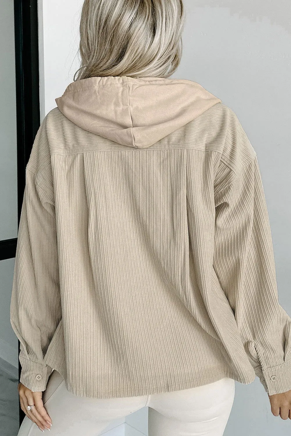 Parchment Drawstring Hooded Corduroy Shacket