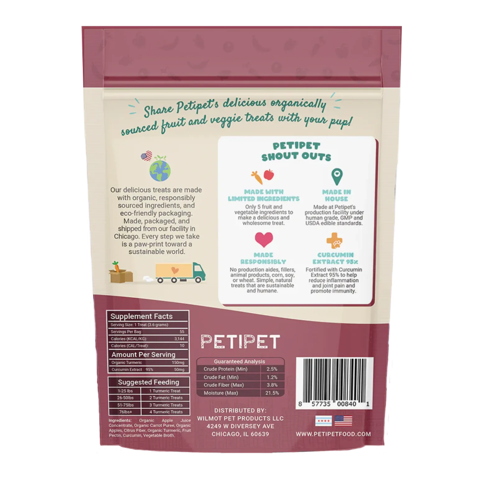 Petipet Turmeric Bites   Curcumin Apple & Carrot Flavored Soft Chew Anti-Inflammatory Supplement for Dogs, 7-oz bag