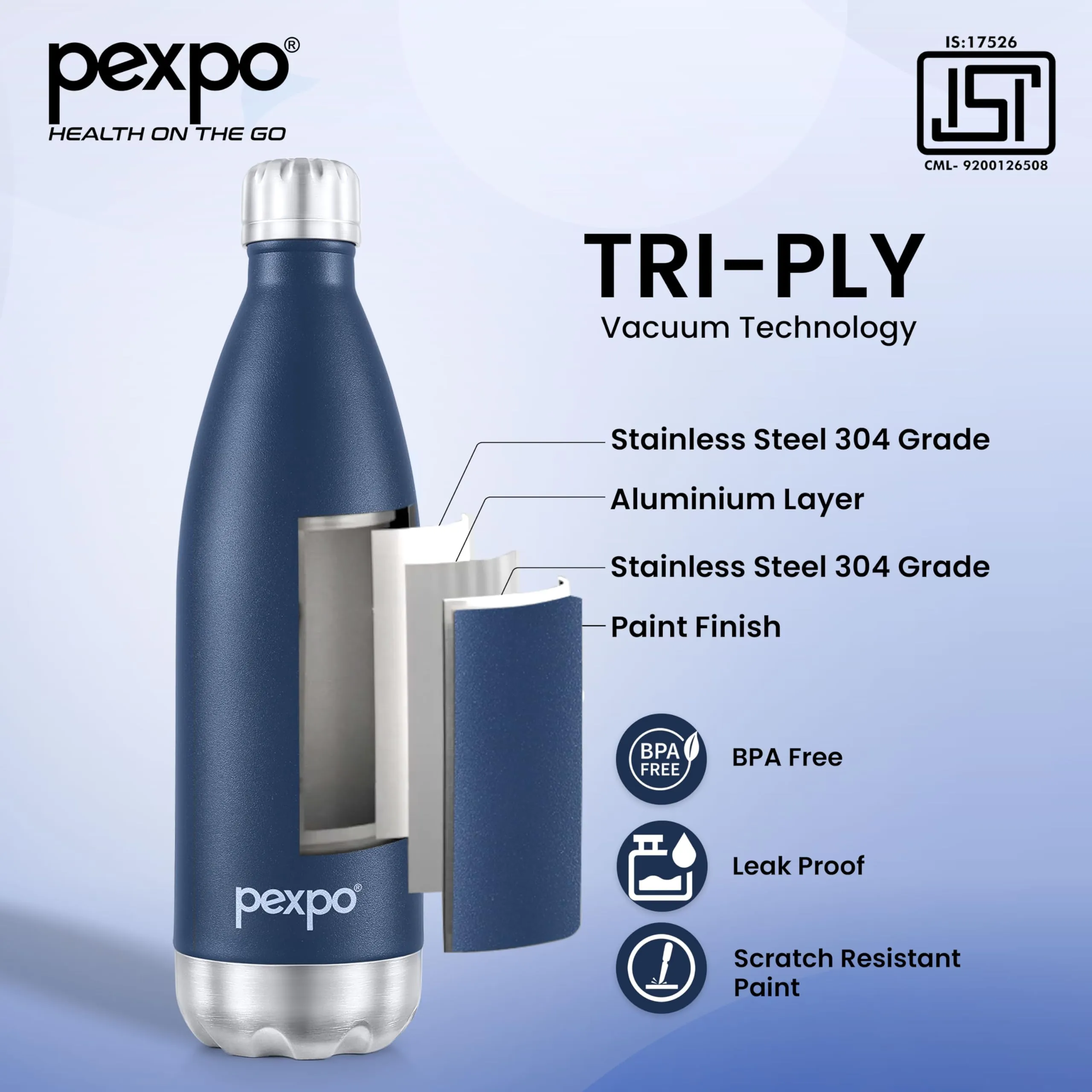 PEXPO Electro 24 Hrs Hot & Cold ISI Certified Flask | Stainless Steel Water Bottle - 1000ml Denim Blue | Thermoflask | Office Bottle | Workout | Travelling | Home | Adults & Kids