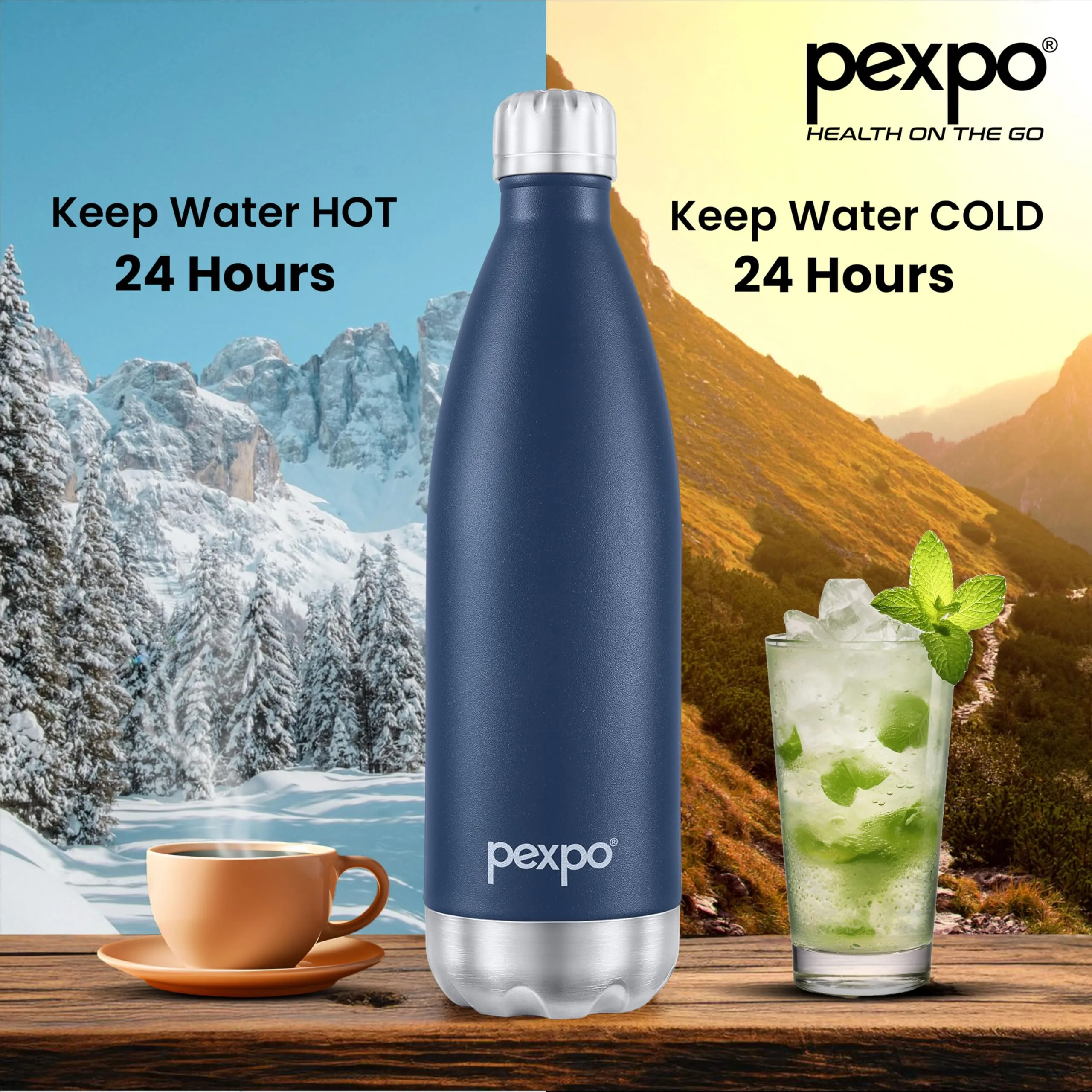 PEXPO Electro 24 Hrs Hot & Cold ISI Certified Flask | Stainless Steel Water Bottle - 1000ml Denim Blue | Thermoflask | Office Bottle | Workout | Travelling | Home | Adults & Kids