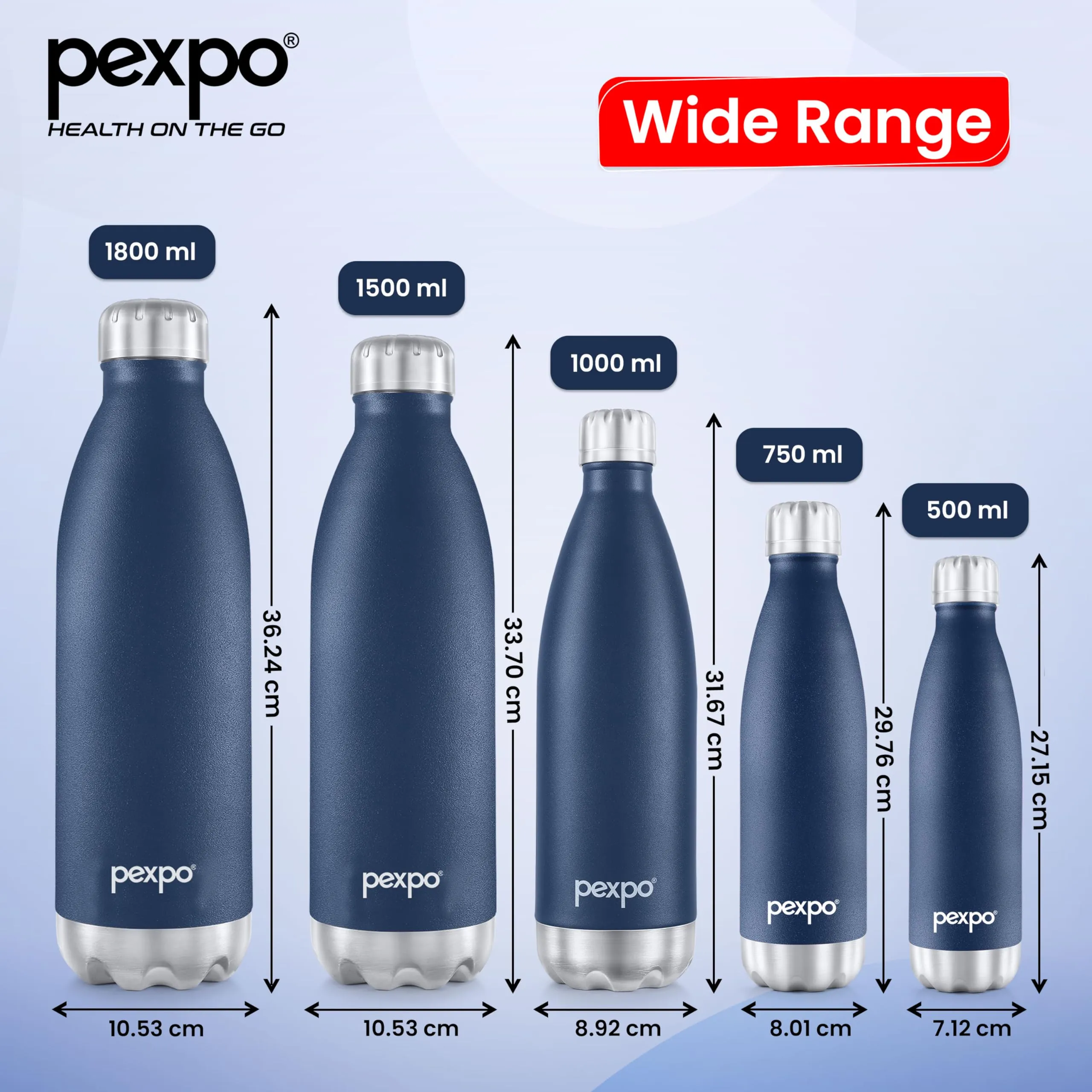 PEXPO Electro 24 Hrs Hot & Cold ISI Certified Flask | Stainless Steel Water Bottle - 1000ml Denim Blue | Thermoflask | Office Bottle | Workout | Travelling | Home | Adults & Kids