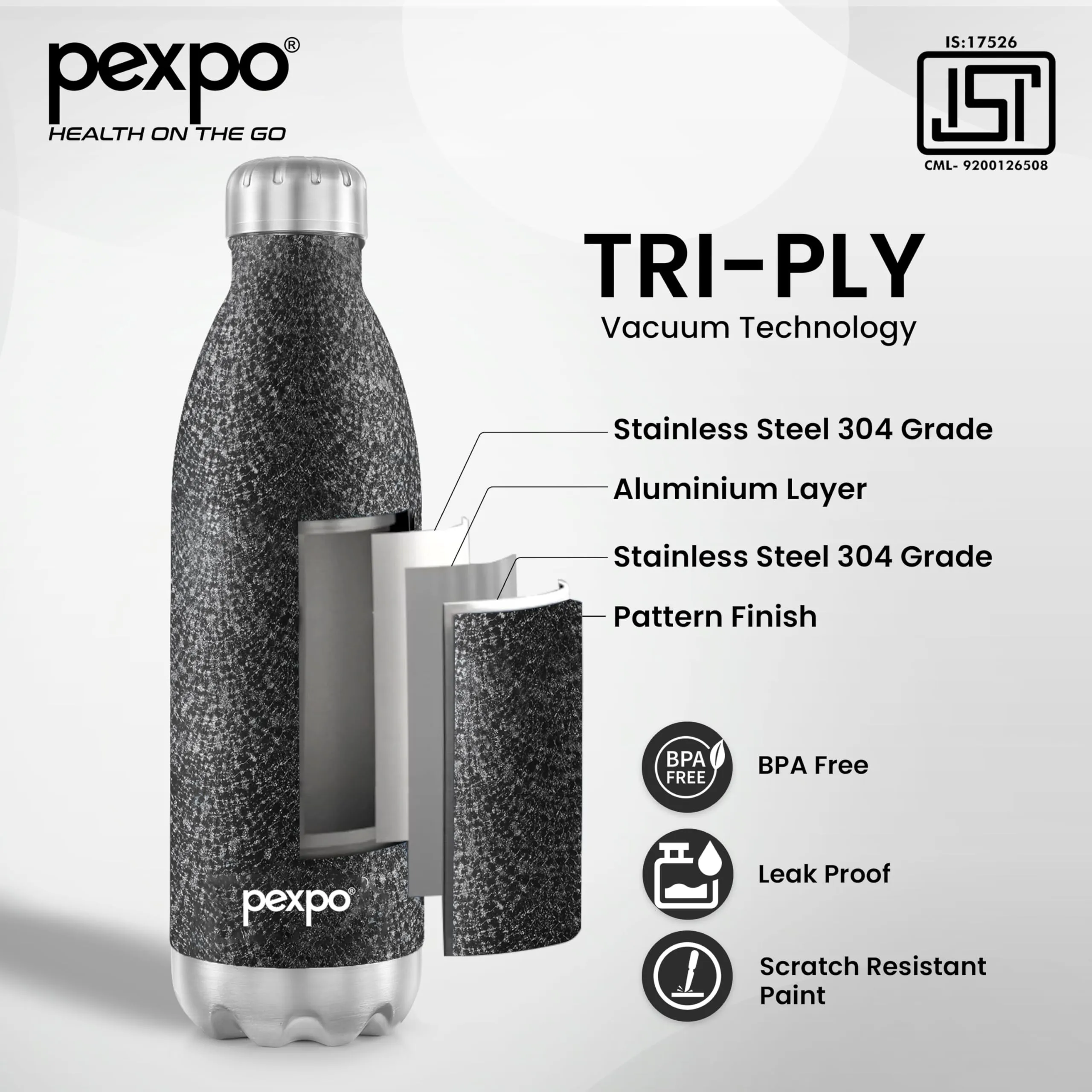 PEXPO Electro 24 Hrs Hot & Cold ISI Certified with Jute Bag | Stainless Steel Water Bottle - 1800ml Black | Thermoflask | Office Bottle | Workout | Travelling | Home