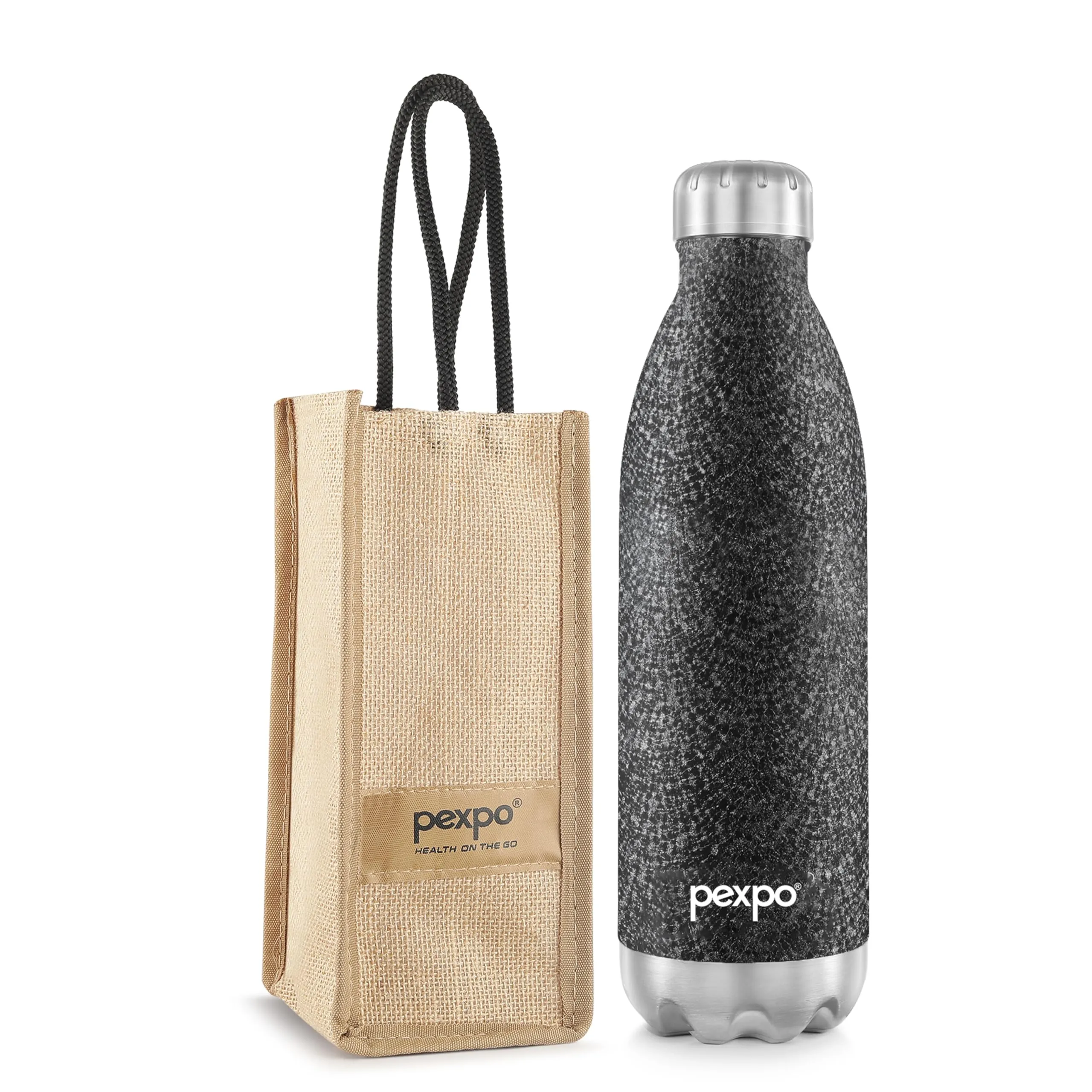 PEXPO Electro 24 Hrs Hot & Cold ISI Certified with Jute Bag | Stainless Steel Water Bottle - 1800ml Black | Thermoflask | Office Bottle | Workout | Travelling | Home