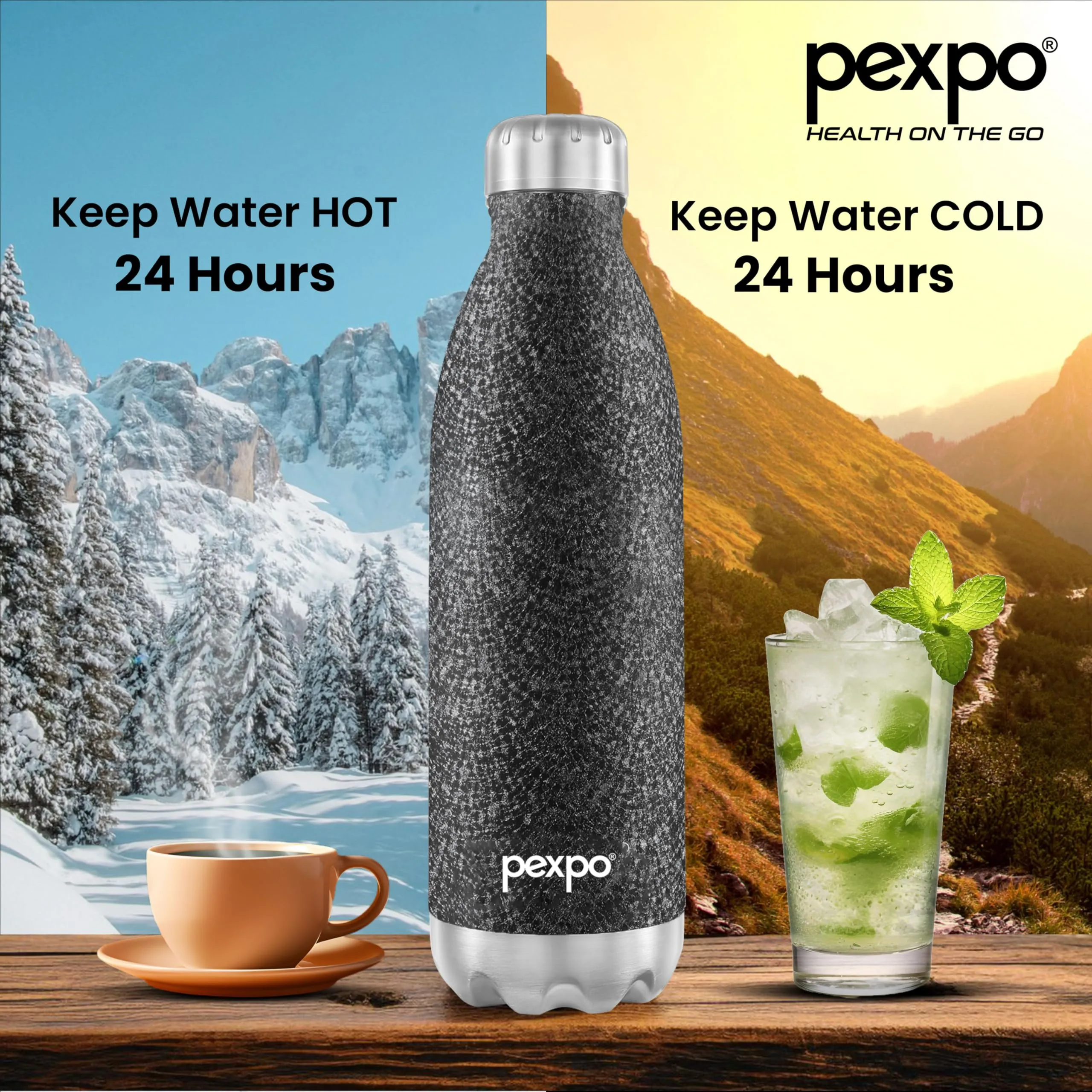 PEXPO Electro 24 Hrs Hot & Cold ISI Certified with Jute Bag | Stainless Steel Water Bottle - 1800ml Black | Thermoflask | Office Bottle | Workout | Travelling | Home