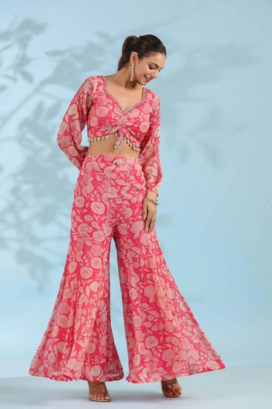 Pink Embellished & Printed Crop Top with Sharara