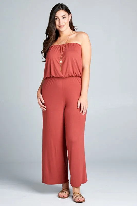 Plus Marsala Solid Rayon Jersey Tube Strapless Sleeveless Jumpsuit