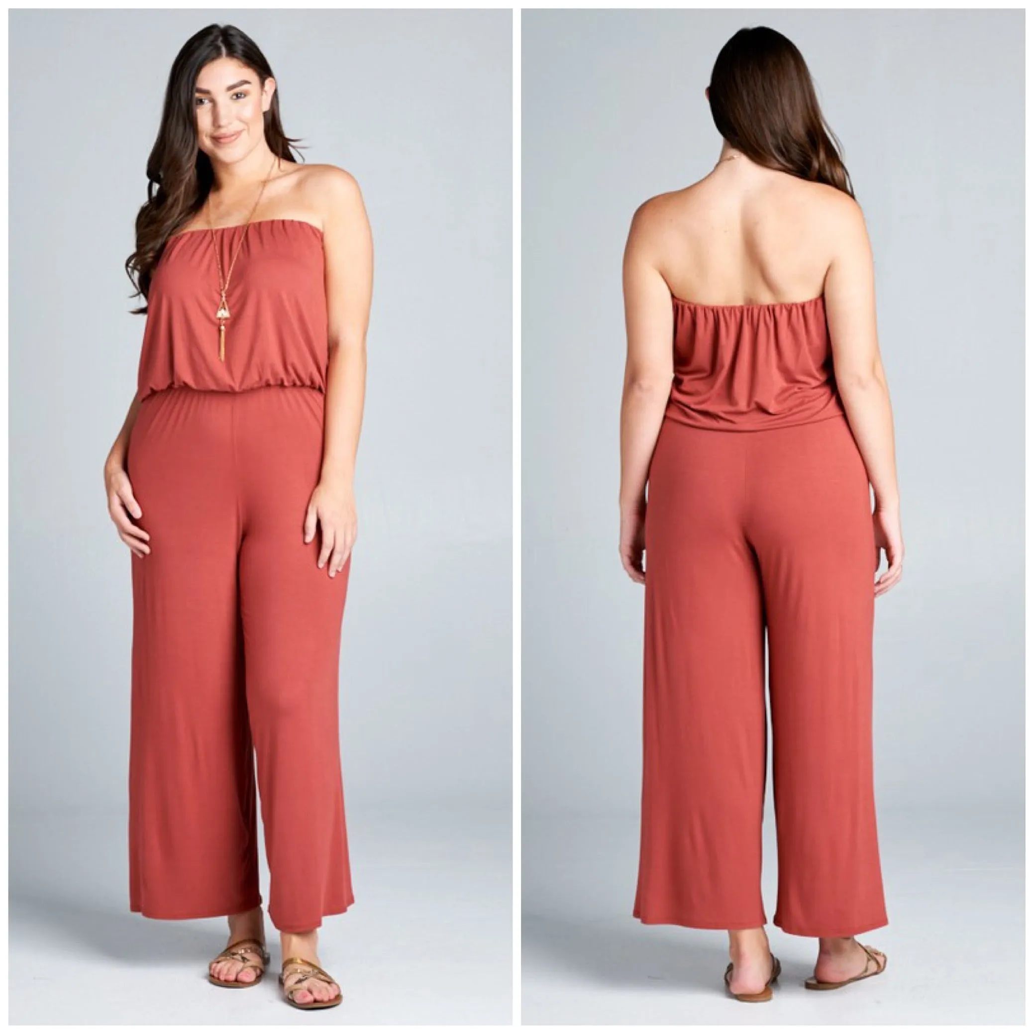 Plus Marsala Solid Rayon Jersey Tube Strapless Sleeveless Jumpsuit