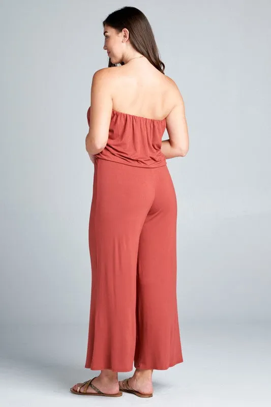 Plus Marsala Solid Rayon Jersey Tube Strapless Sleeveless Jumpsuit