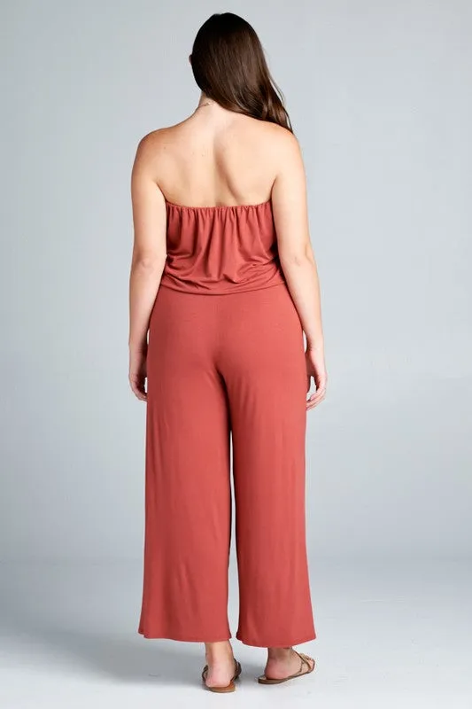 Plus Marsala Solid Rayon Jersey Tube Strapless Sleeveless Jumpsuit