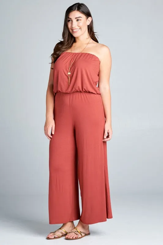 Plus Marsala Solid Rayon Jersey Tube Strapless Sleeveless Jumpsuit