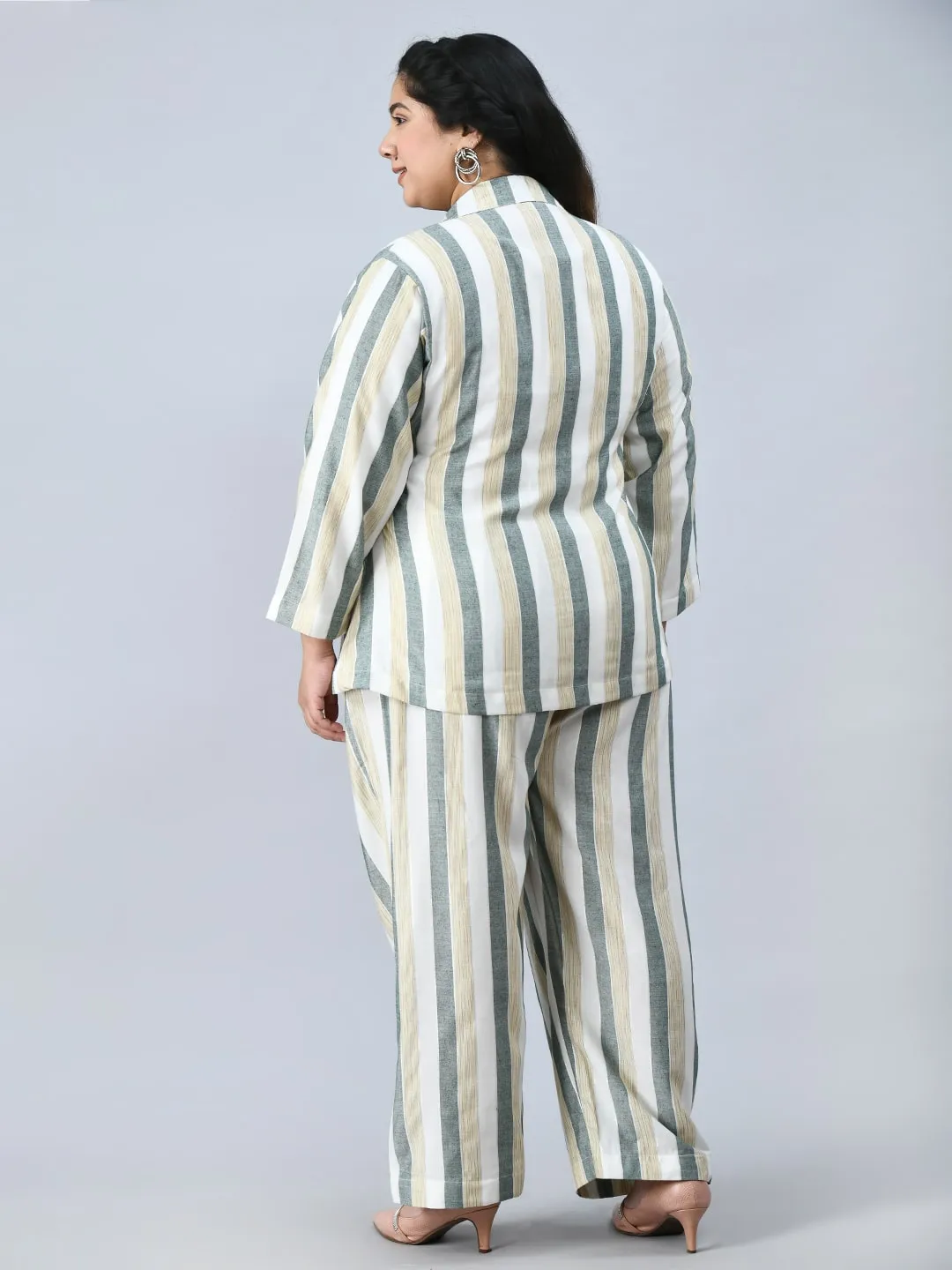 Plus Size Formal White & Green Striped Co-Ord Set