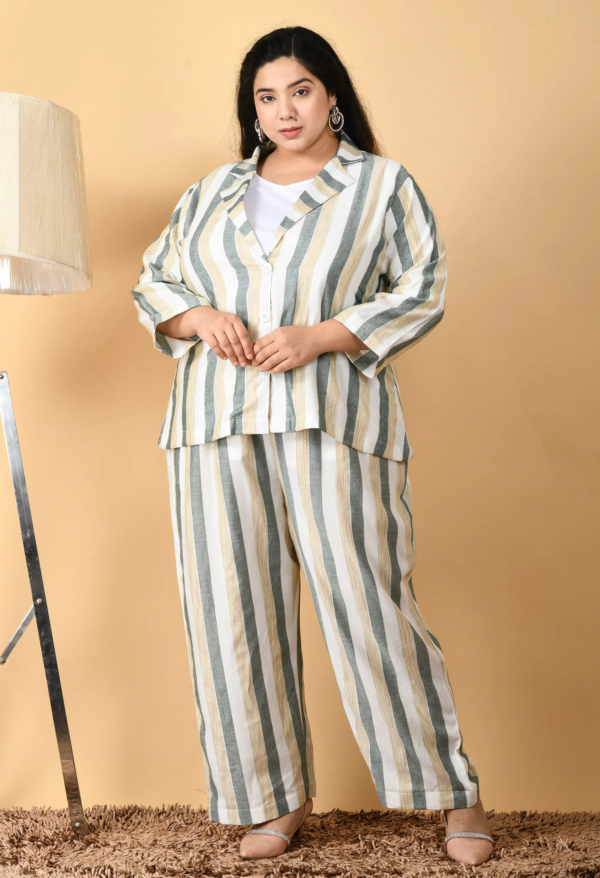 Plus Size Formal White & Green Striped Co-Ord Set