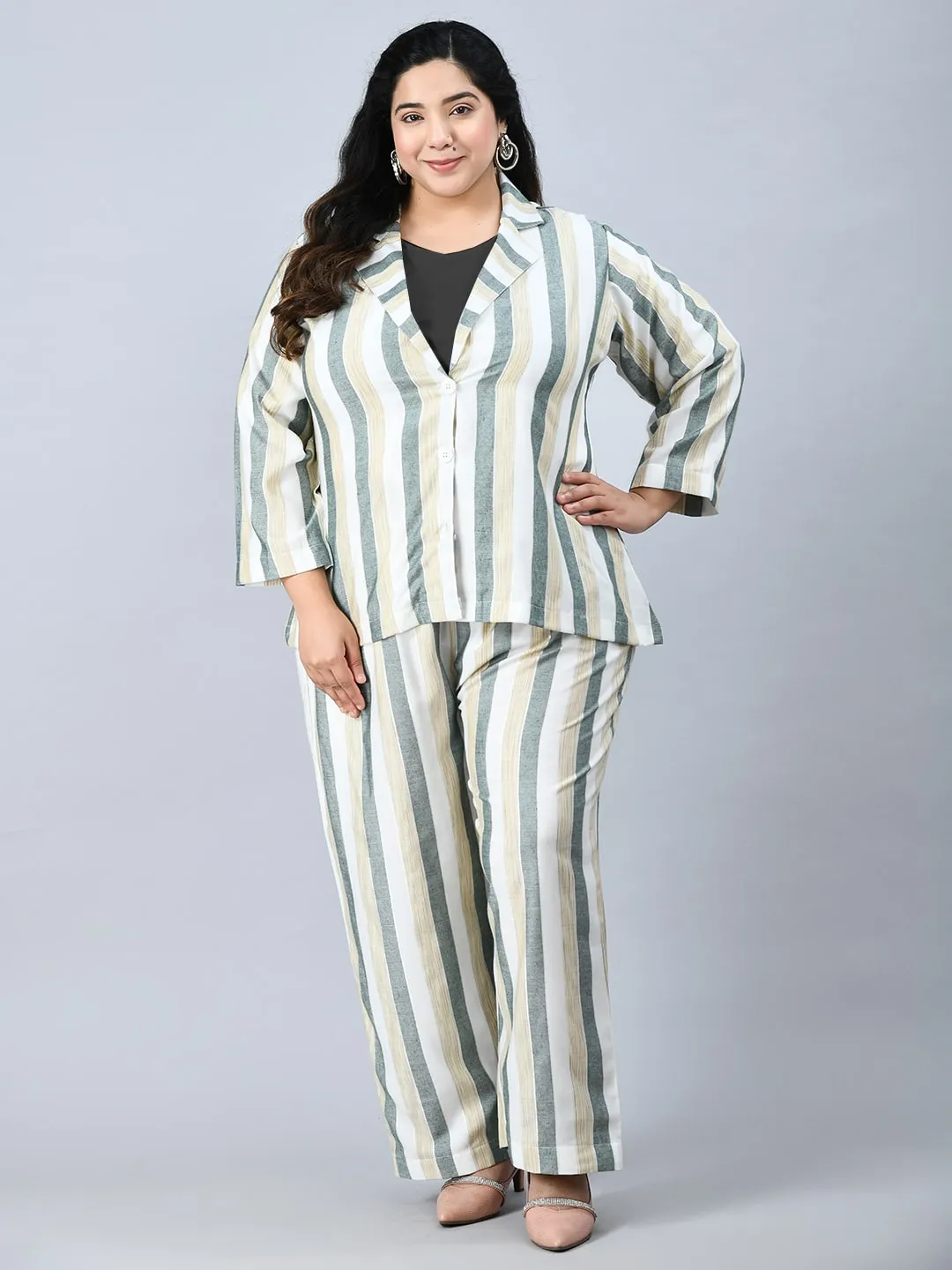 Plus Size Formal White & Green Striped Co-Ord Set