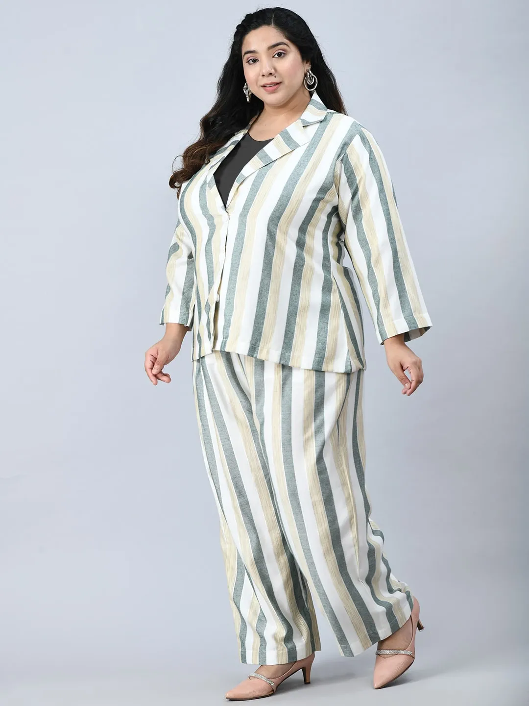 Plus Size Formal White & Green Striped Co-Ord Set