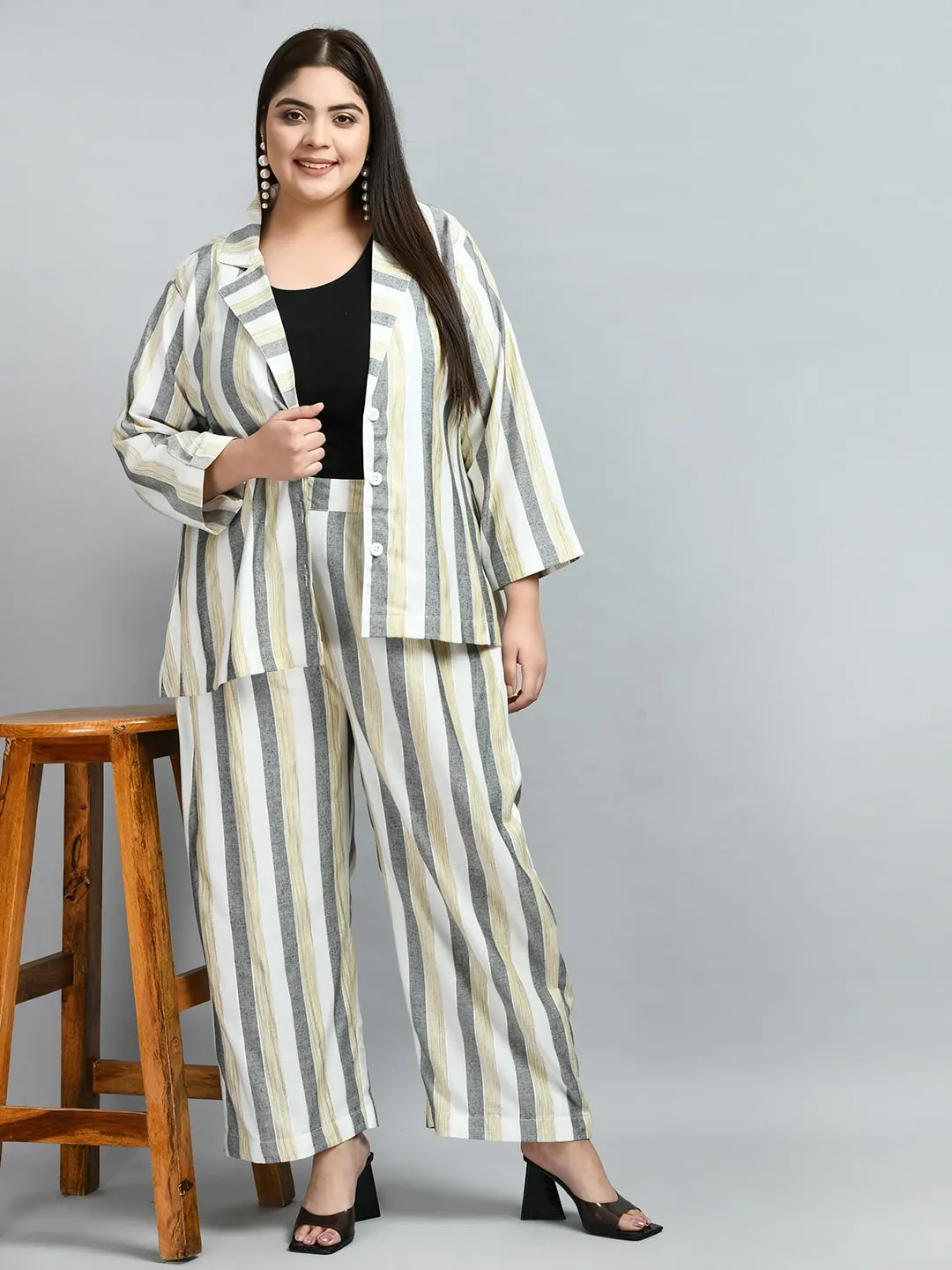 Plus Size Formal White & Grey Striped Co-ord Set