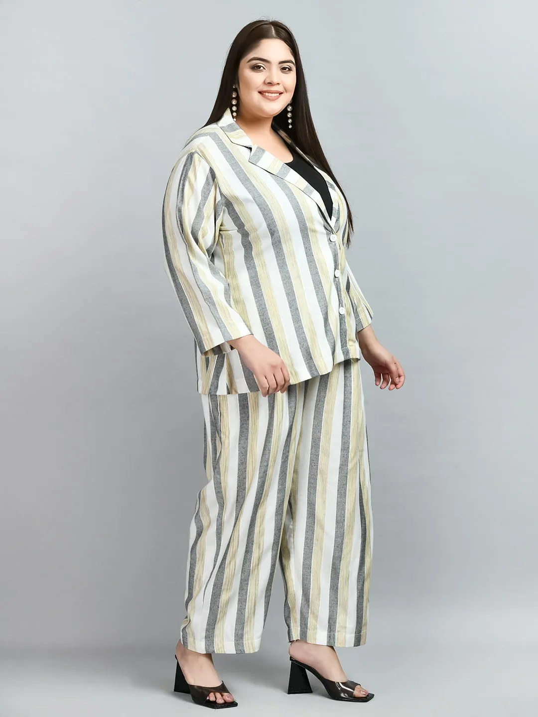 Plus Size Formal White & Grey Striped Co-ord Set