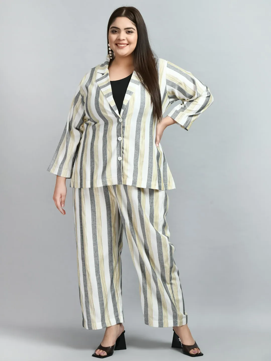 Plus Size Formal White & Grey Striped Co-ord Set