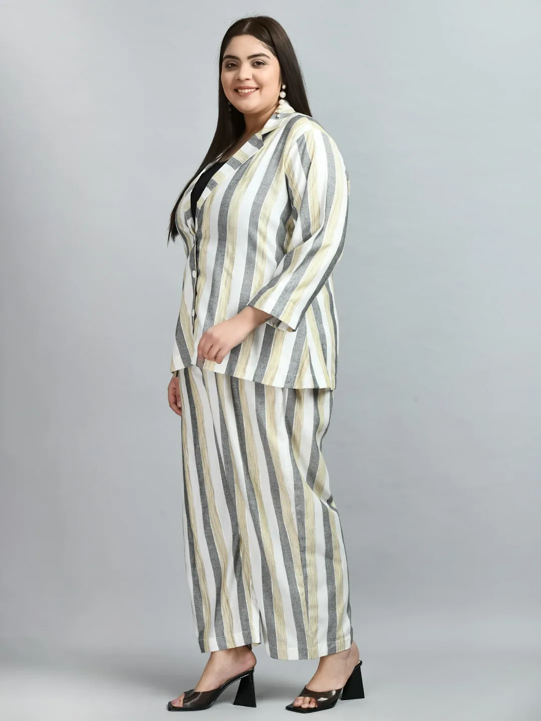 Plus Size Formal White & Grey Striped Co-ord Set