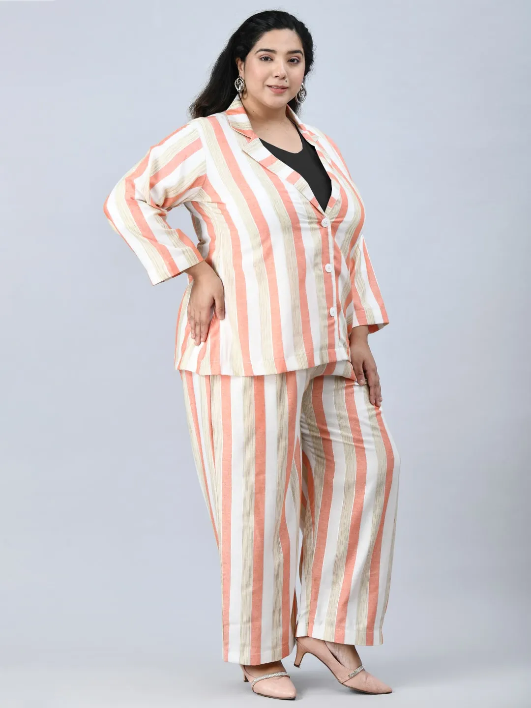 Plus Size Formal White & Pink Striped Co-ord Set