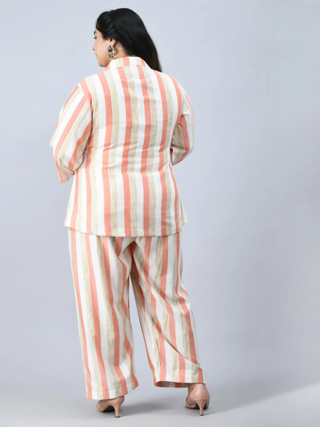 Plus Size Formal White & Pink Striped Co-ord Set