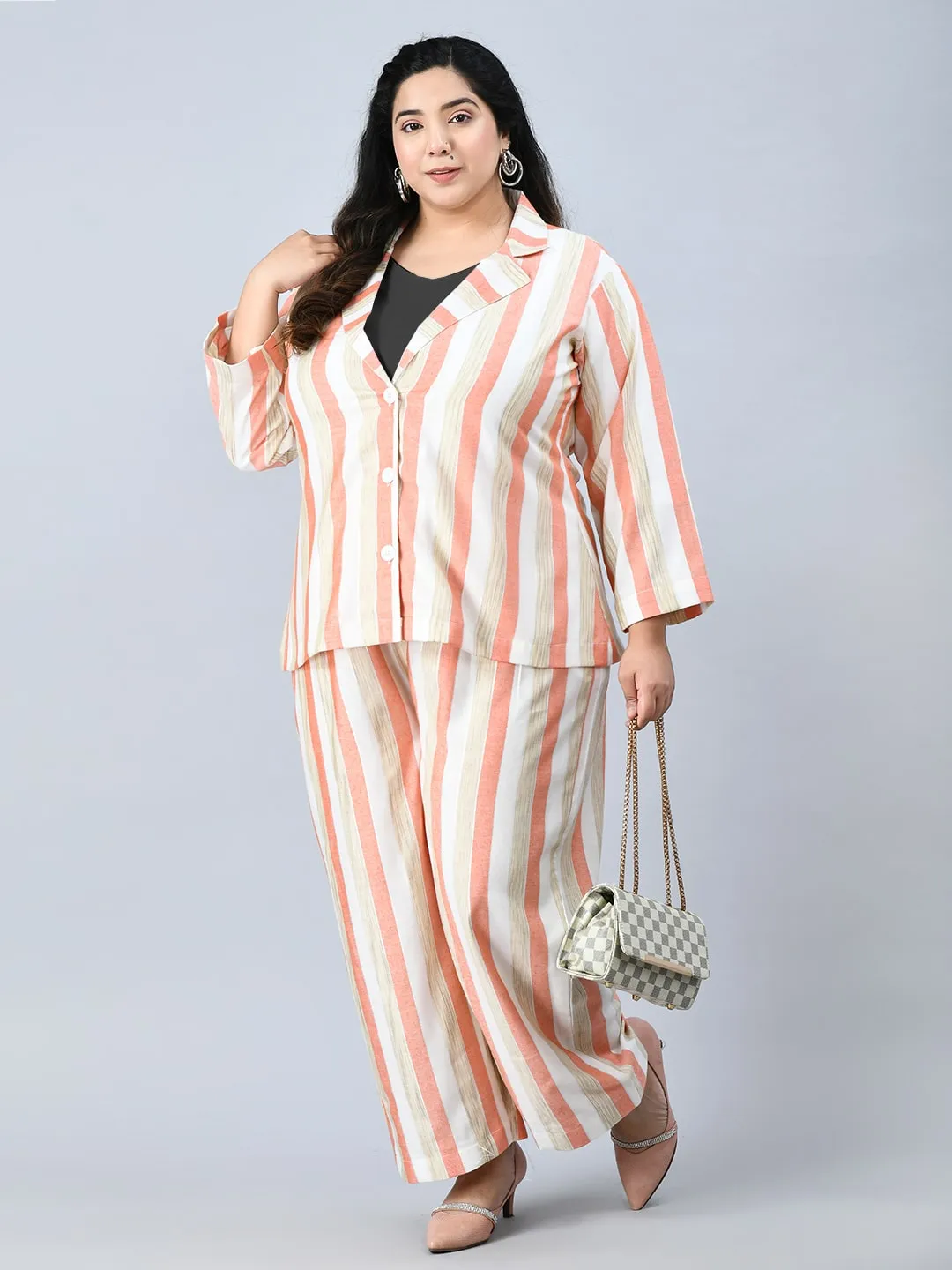 Plus Size Formal White & Pink Striped Co-ord Set