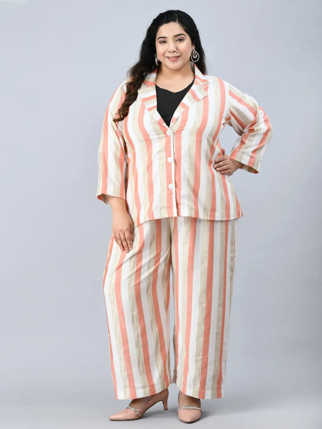 Plus Size Formal White & Pink Striped Co-ord Set