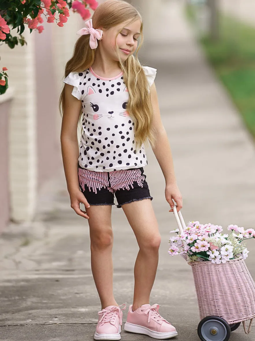 Polka Dot Kitty Sequin Denim Shorts Set