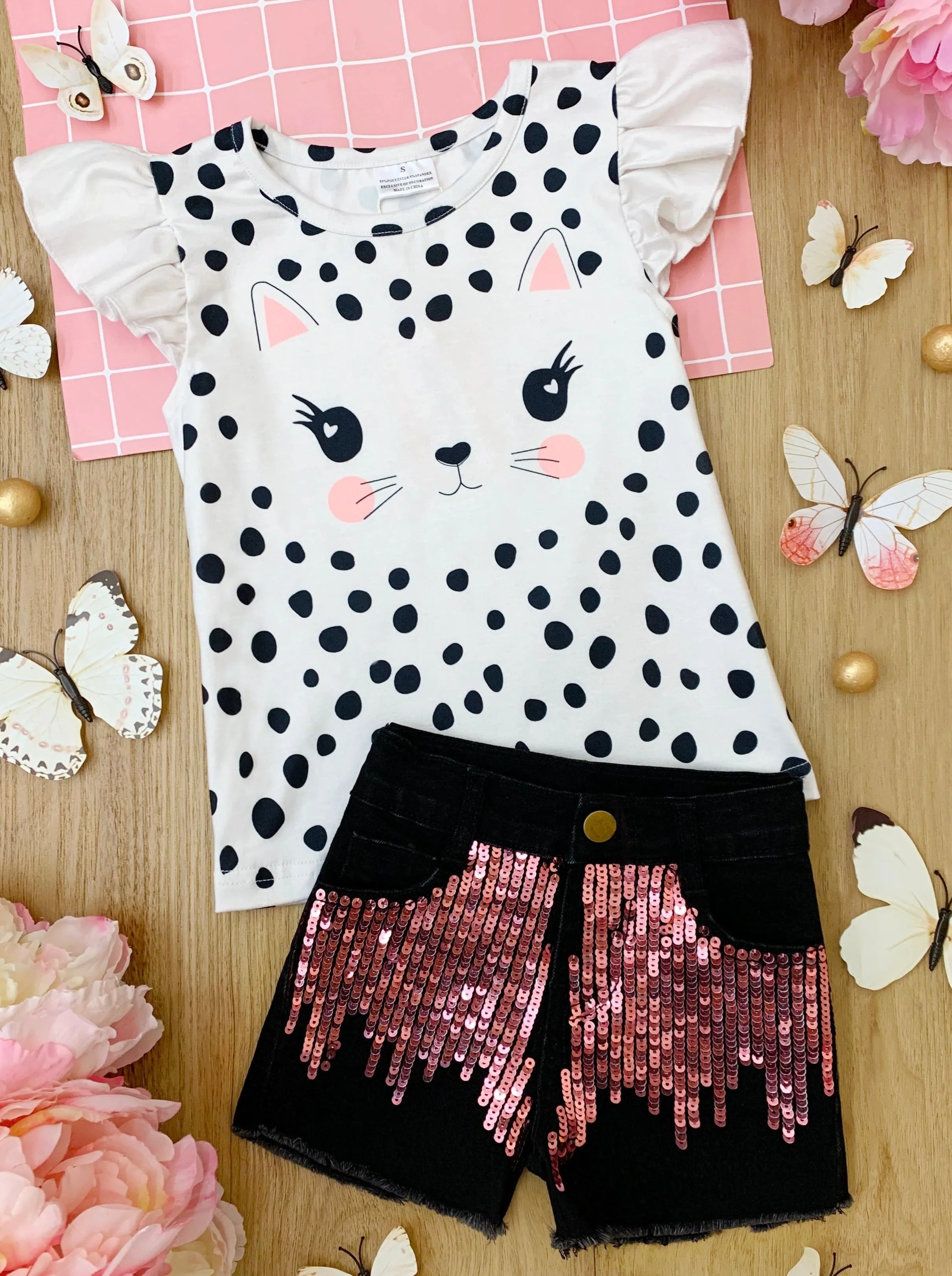 Polka Dot Kitty Sequin Denim Shorts Set