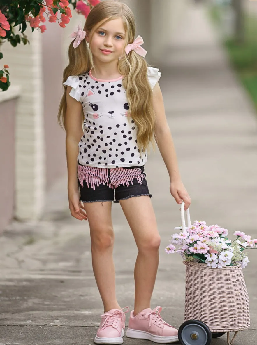 Polka Dot Kitty Sequin Denim Shorts Set