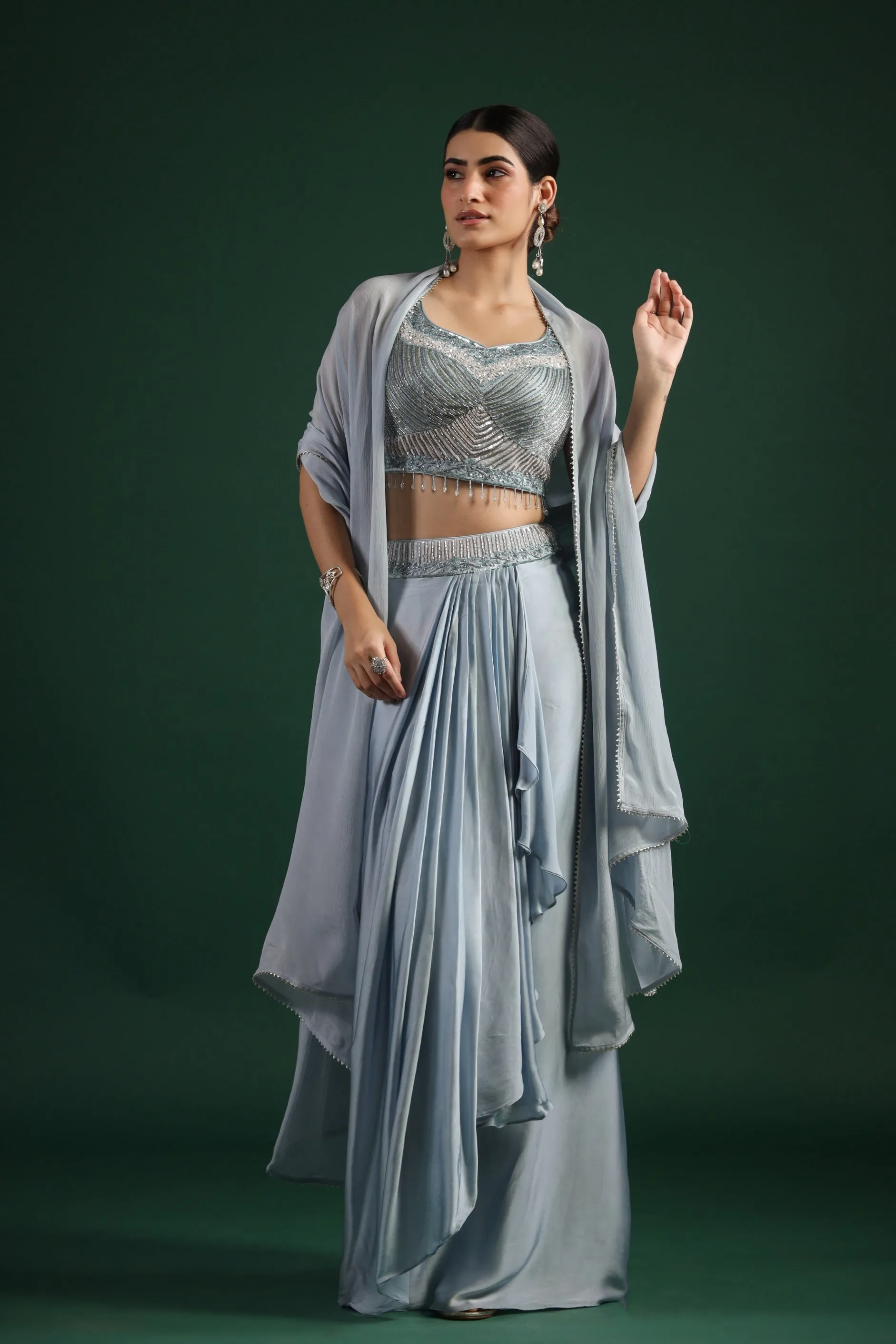 Powder Blue Embellished Draped Skirt Set