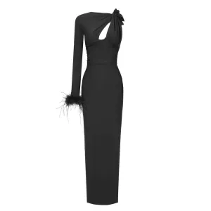 Pre Order:  Hollow Out Single Shoulder Feather Maxi Dress