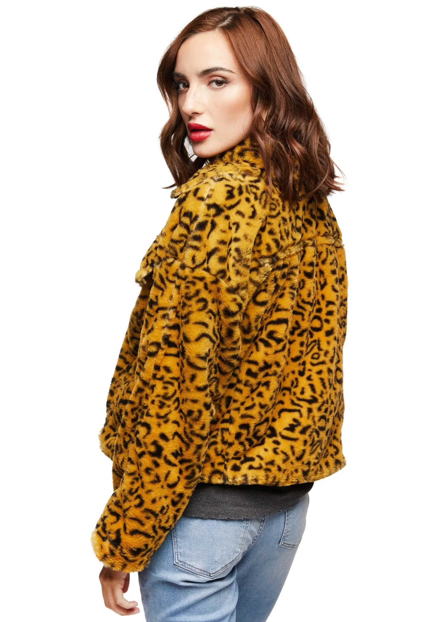 Rapture Yellow Leopard Print Faux Fur Coat Jacket