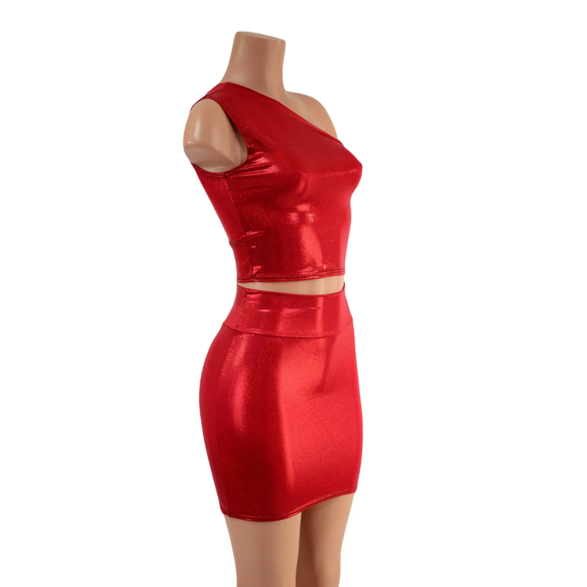 Red Sparkly One Shoulder Crop Top & Bodycon Skirt Set