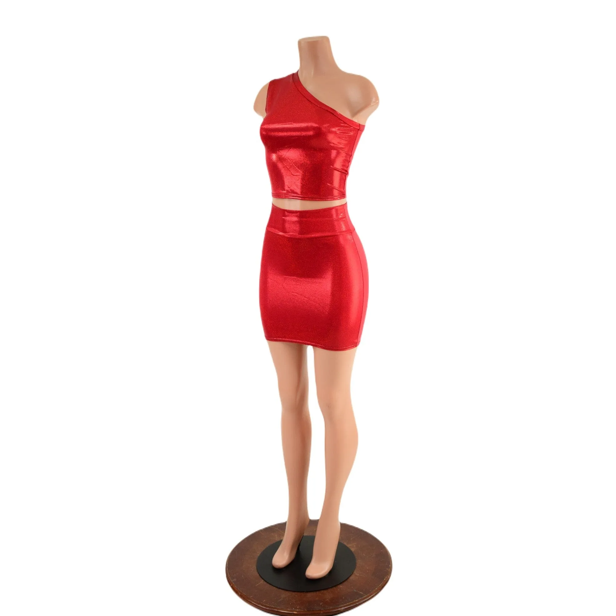 Red Sparkly One Shoulder Crop Top & Bodycon Skirt Set