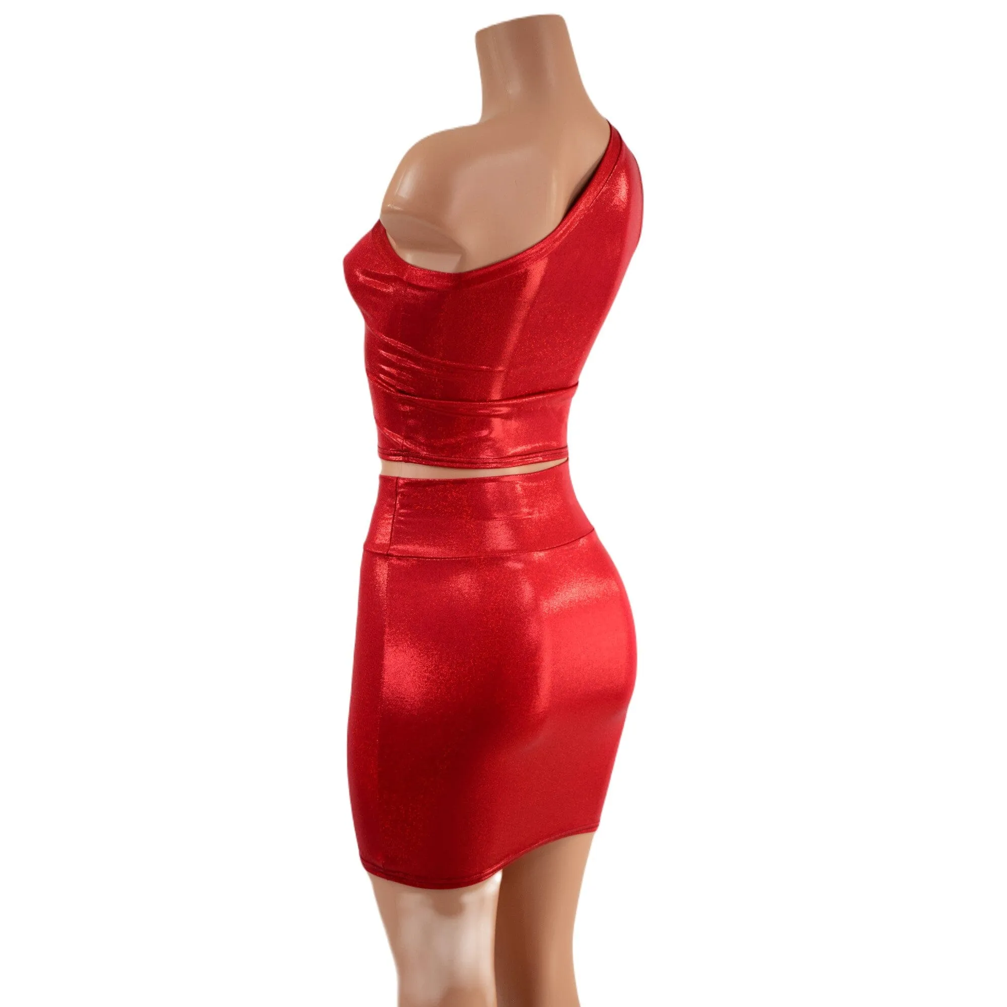 Red Sparkly One Shoulder Crop Top & Bodycon Skirt Set