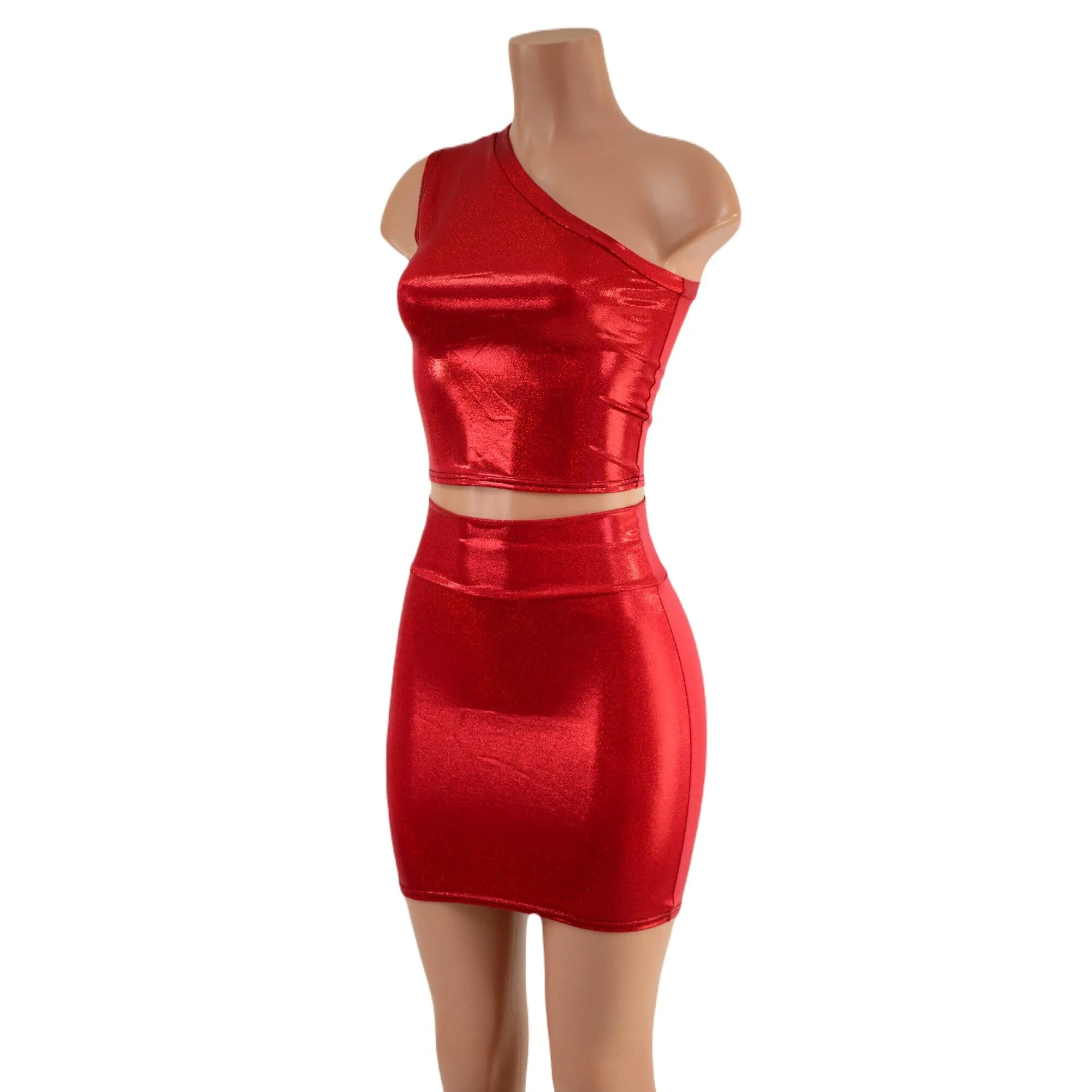 Red Sparkly One Shoulder Crop Top & Bodycon Skirt Set