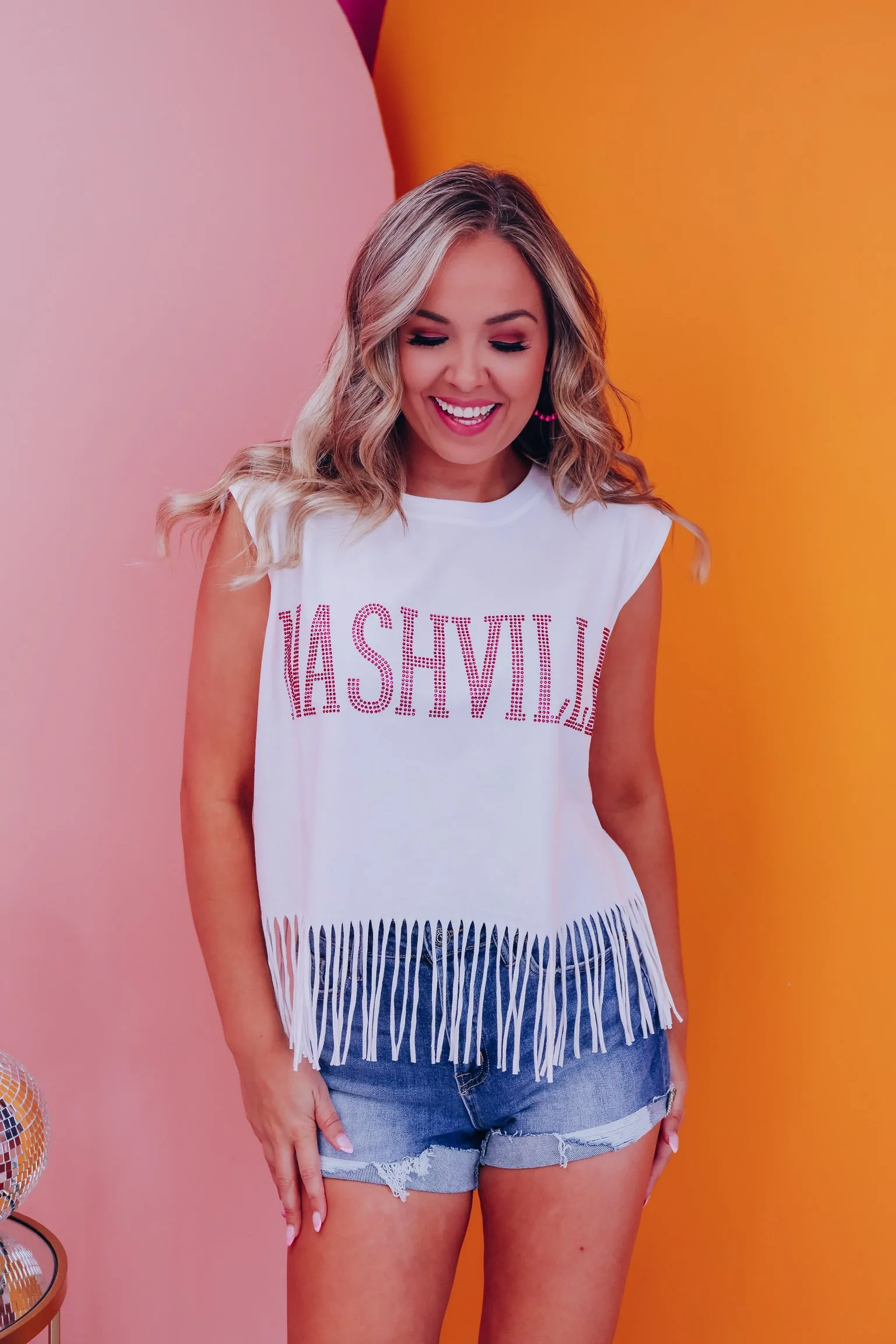 Rhinestone Nashville Fringe Graphic Tank Top - White