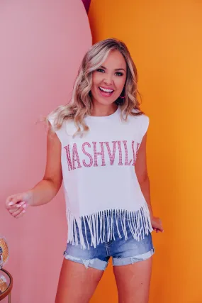 Rhinestone Nashville Fringe Graphic Tank Top - White