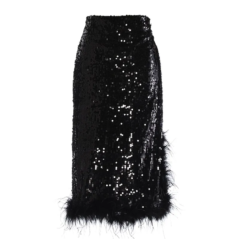 Runway- the High Waist Sequin and Marabou Feathers Pencil Skirt