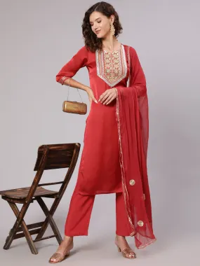 Rust Gota Pati Kurta With Pants And Dupatta