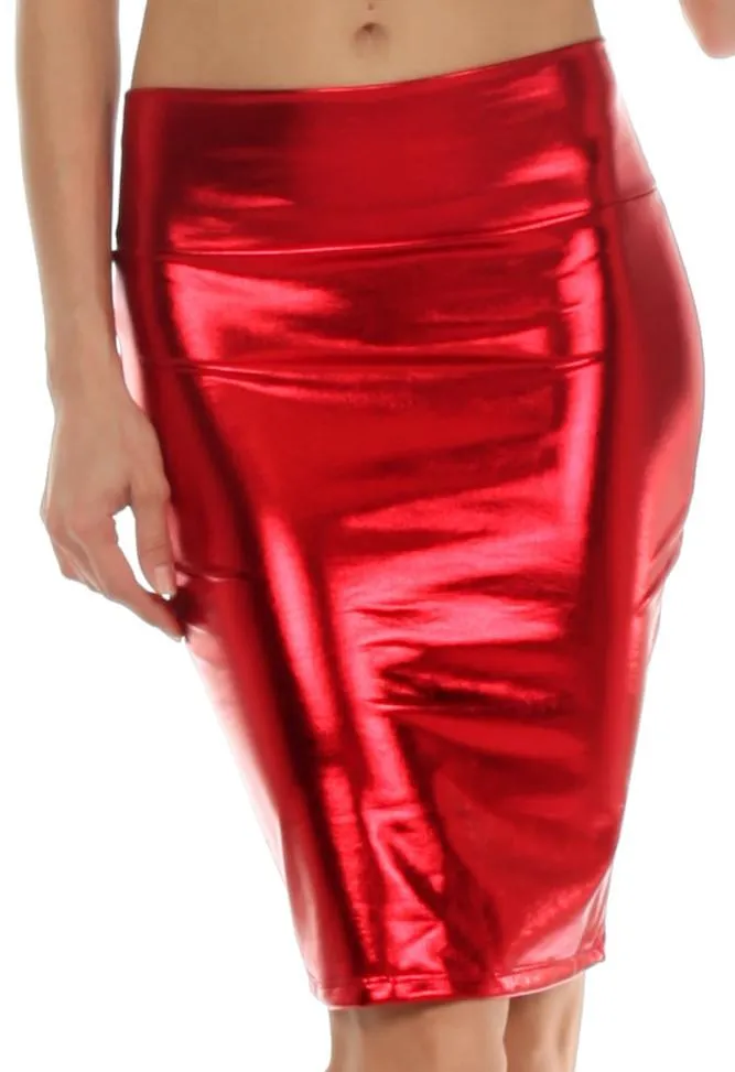 Sakkas Women's Shiny Metallic Liquid High Waist Pencil Skirt