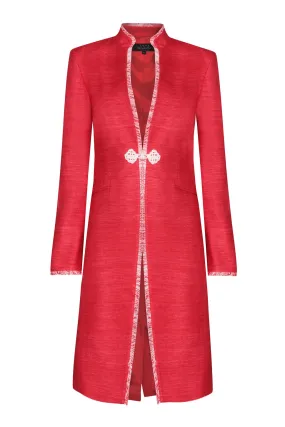 Scarlet Dress Coat in Raw Silk Tussar with Ivory/Scarlet Fringe Edges - Vicky