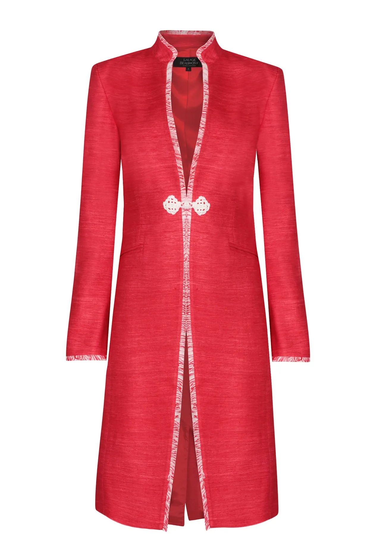 Scarlet Dress Coat in Raw Silk Tussar with Ivory/Scarlet Fringe Edges - Vicky